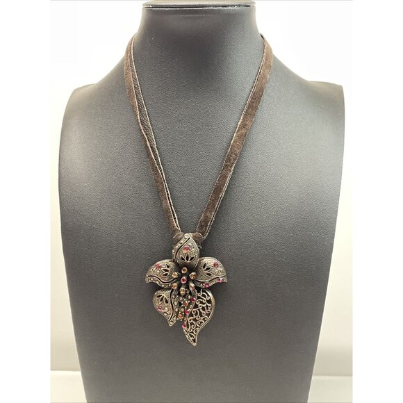 Seasonal Whispers Jewelry - Seasonal Whispers Necklace Brown Suede Ribbon Starburst Flower Rhinestones AL2.3